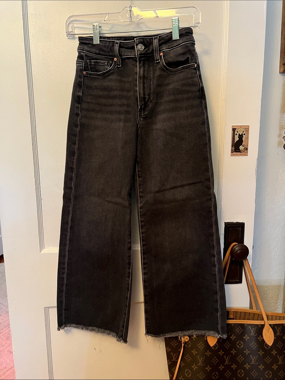 Paige High-Rise Wide Leg Black Jeans with Raw Hem